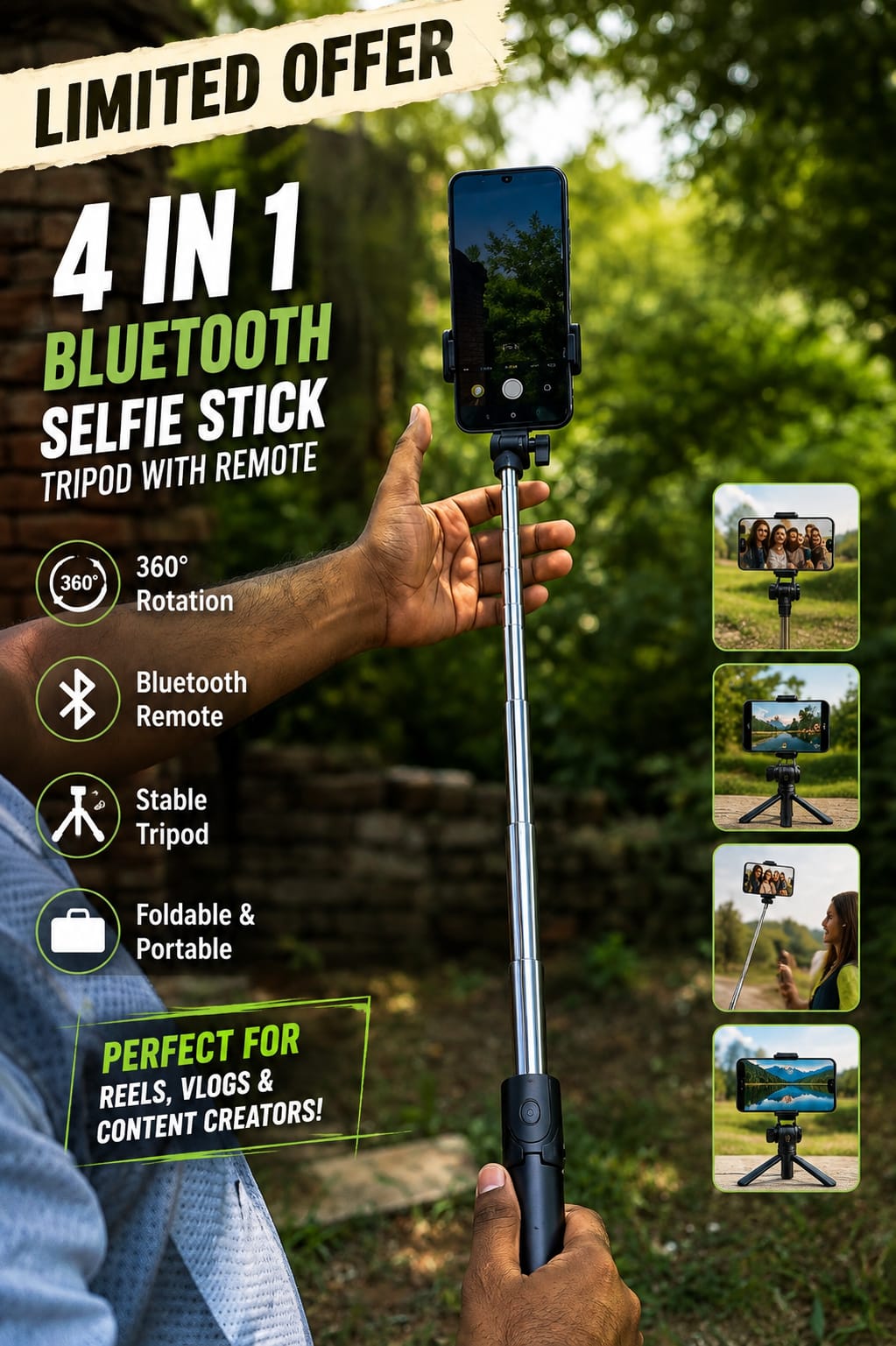 Free dilevery 4 in 1 Bluetooth Selfie Stick Tripod