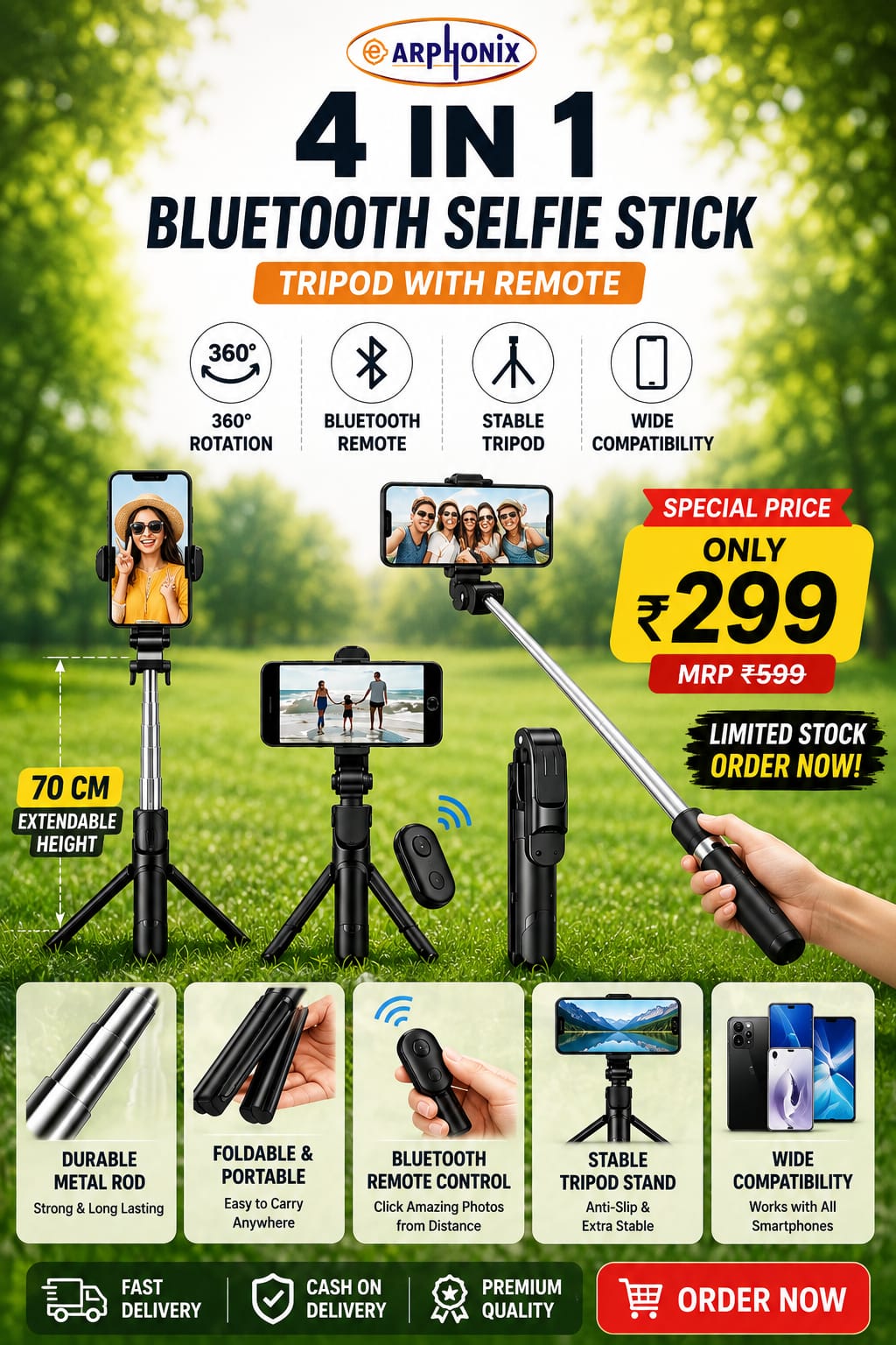 Free dilevery  4 in 1 Bluetooth Selfie Stick Tripod